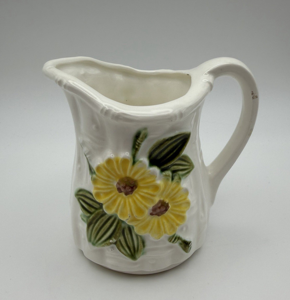 Ceramic Creamer Vintage Yellow Daisy White Basket Weave Rustic Cottage Core